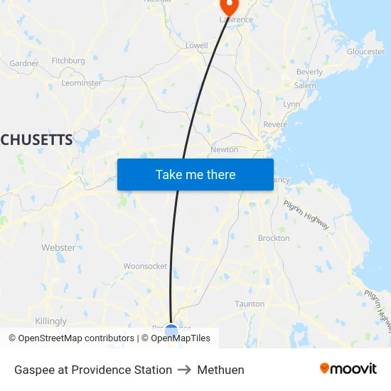 Gaspee at Providence Station to Methuen map