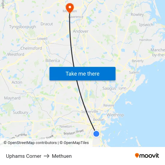 Uphams Corner to Methuen map