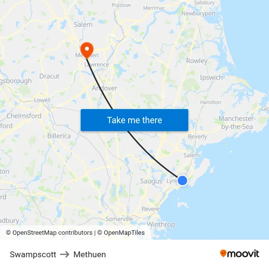 Swampscott to Methuen map