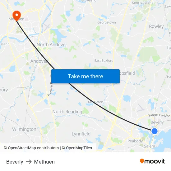 Beverly to Methuen map