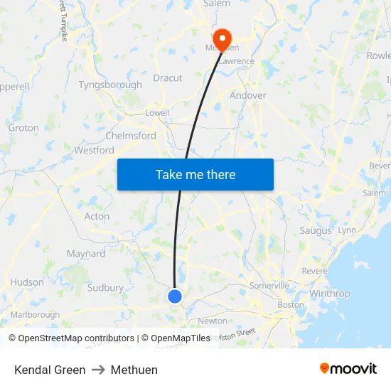 Kendal Green to Methuen map