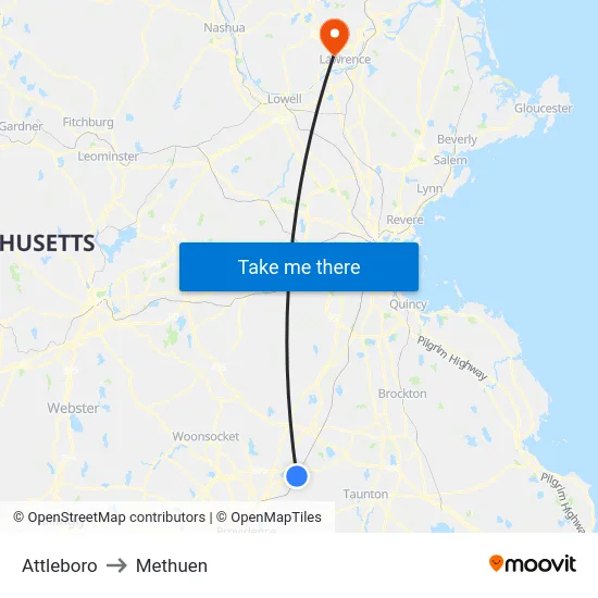 Attleboro to Methuen map