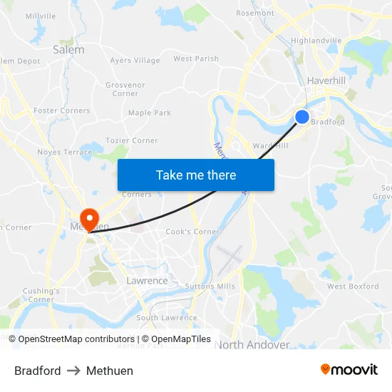 Bradford to Methuen map