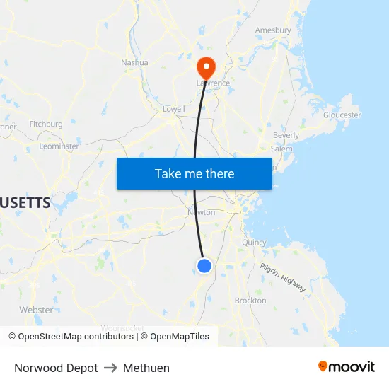 Norwood Depot to Methuen map