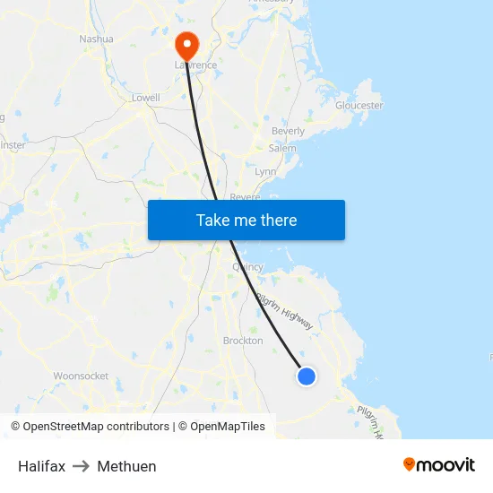 Halifax to Methuen map