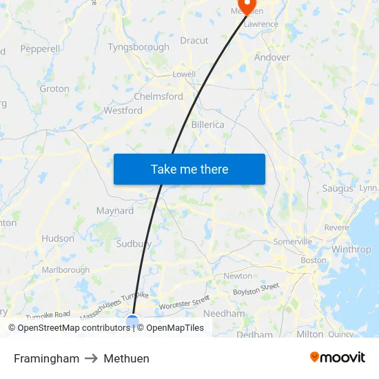 Framingham to Methuen map