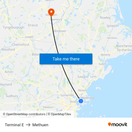 Terminal E to Methuen map