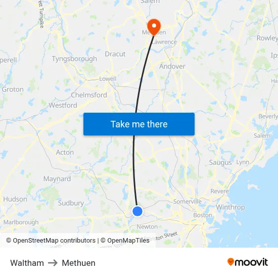 Waltham to Methuen map