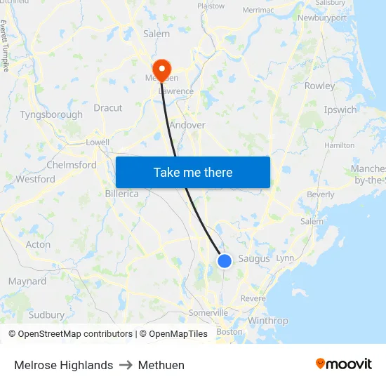 Melrose Highlands to Methuen map