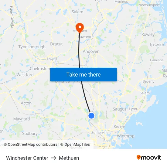 Winchester Center to Methuen map