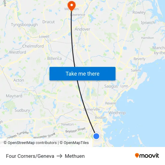 Four Corners/Geneva to Methuen map