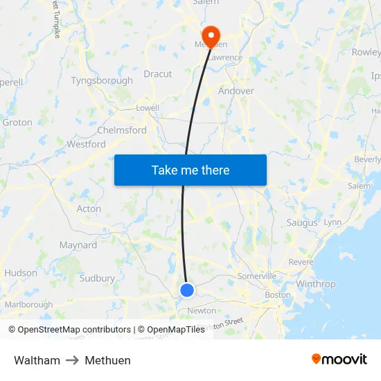 Waltham to Methuen map
