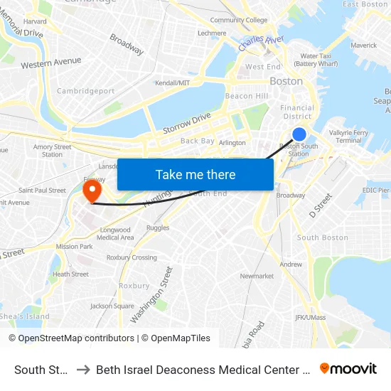 South Station to Beth Israel Deaconess Medical Center East Campus map
