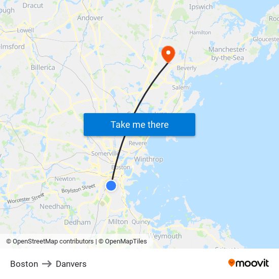 Boston to Danvers map