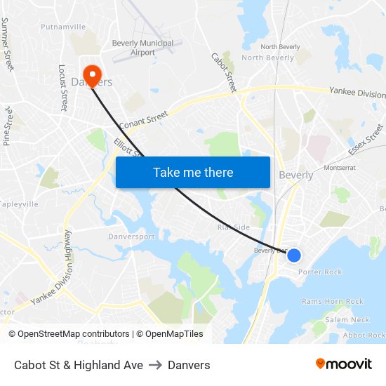 Cabot St & Highland Ave to Danvers map