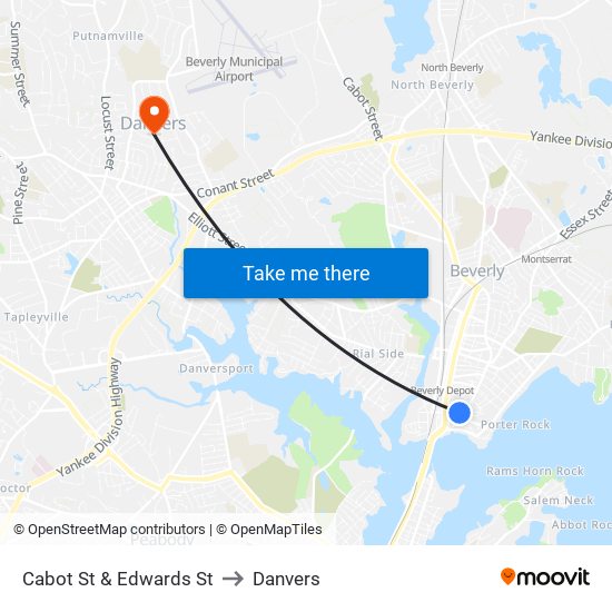 Cabot St & Edwards St to Danvers map