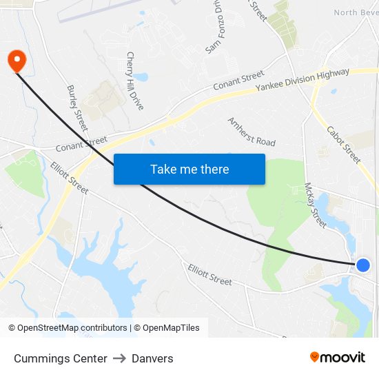 Cummings Center to Danvers map