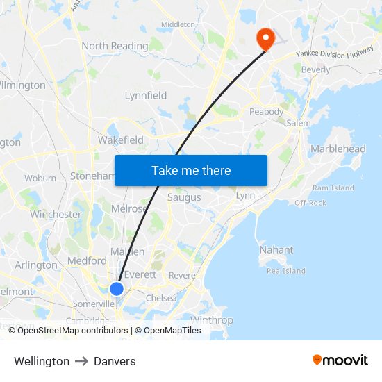 Wellington to Danvers map