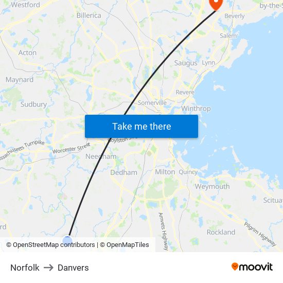 Norfolk to Danvers map