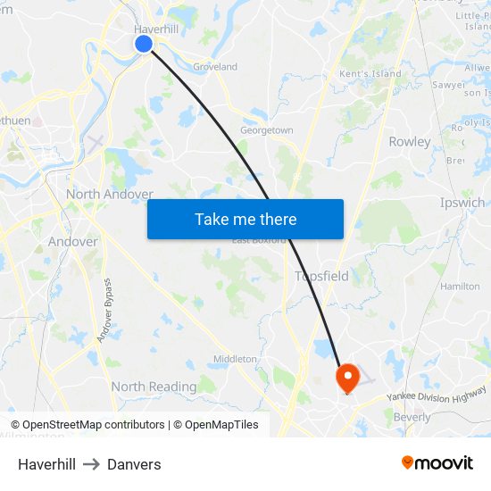 Haverhill to Danvers map