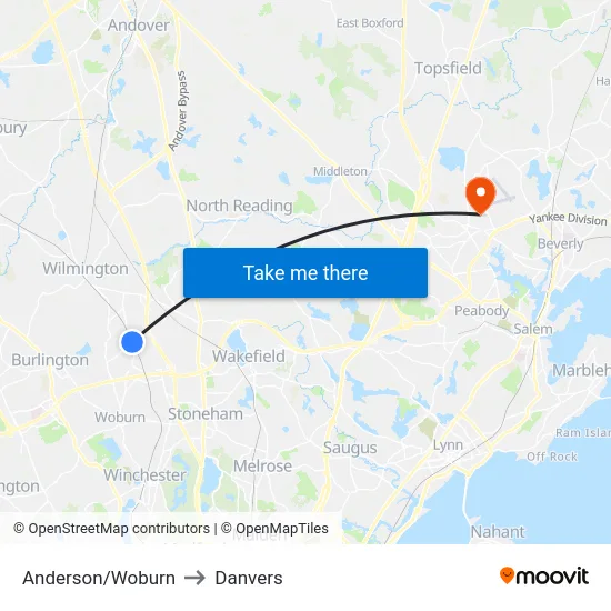 Anderson/Woburn to Danvers map