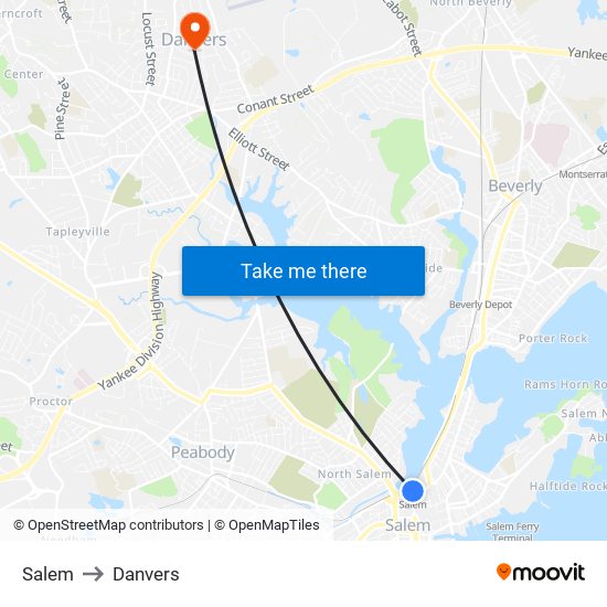 Salem to Danvers map