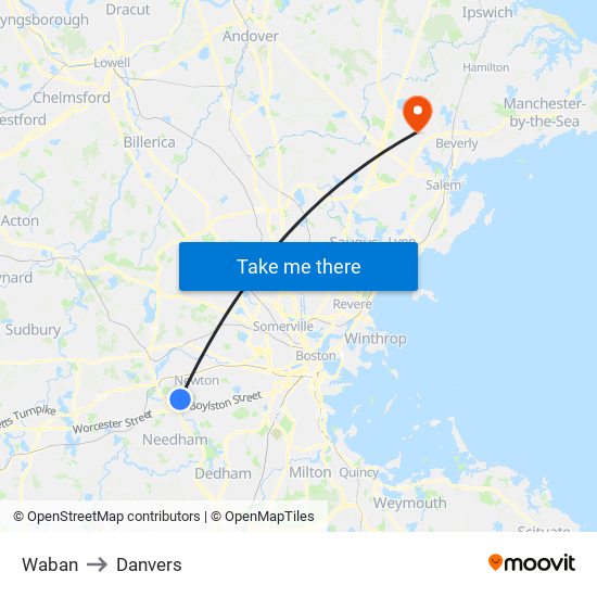 Waban to Danvers map