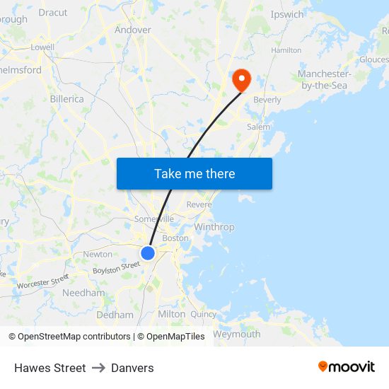 Hawes Street to Danvers map