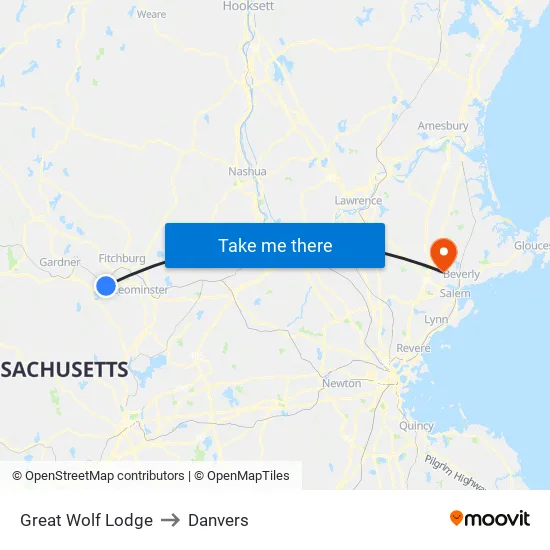 Great Wolf Lodge to Danvers map