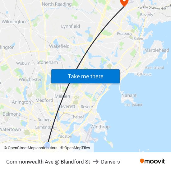 Commonwealth Ave @ Blandford St to Danvers map