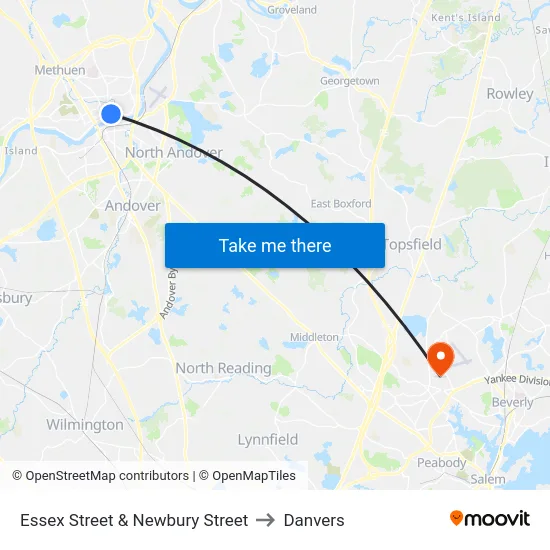 Essex Street & Newbury Street to Danvers map