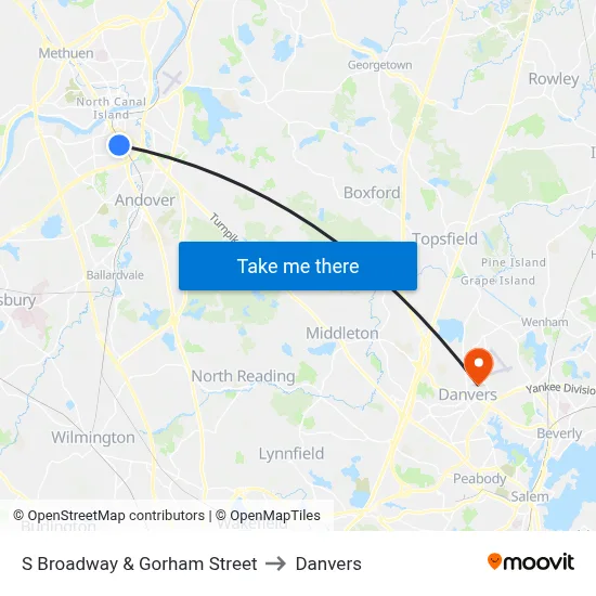 S Broadway & Gorham Street to Danvers map