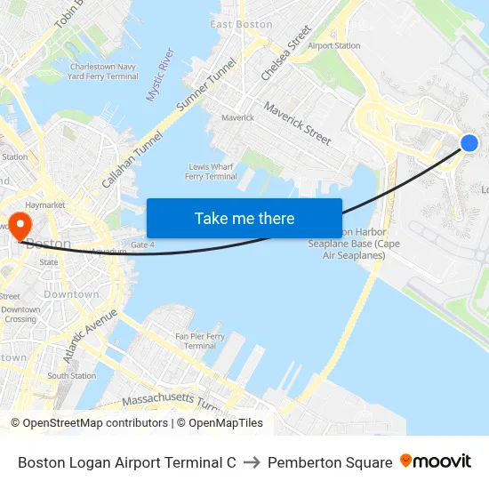 Boston Logan Airport Terminal C to Pemberton Square map