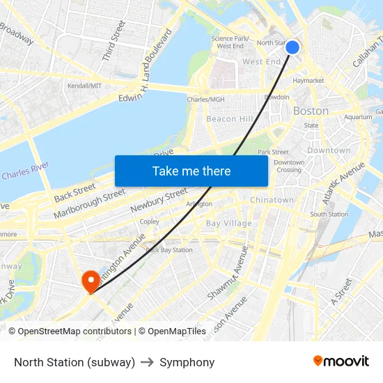 North Station (subway) to Symphony map