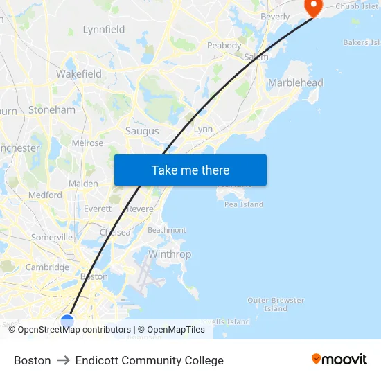 Boston to Endicott Community College map