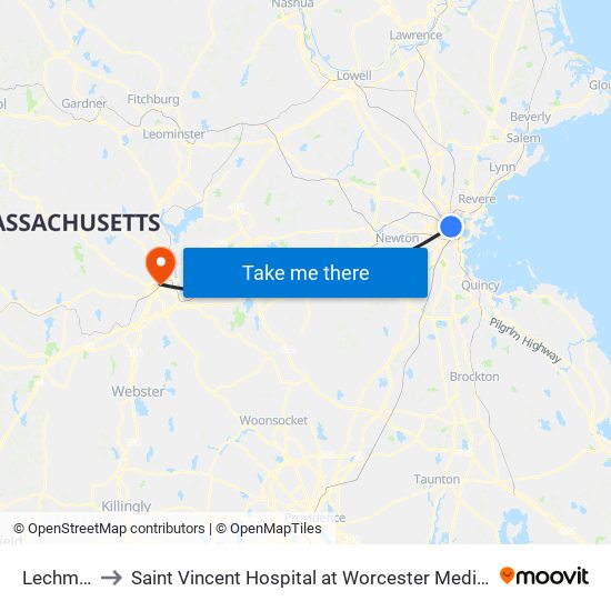 Lechmere to Saint Vincent Hospital at Worcester Medical Center map