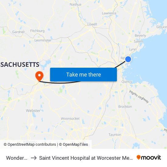 Wonderland to Saint Vincent Hospital at Worcester Medical Center map