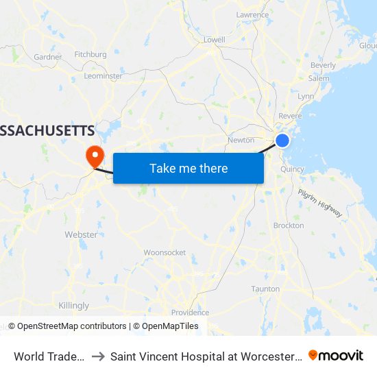 World Trade Center to Saint Vincent Hospital at Worcester Medical Center map