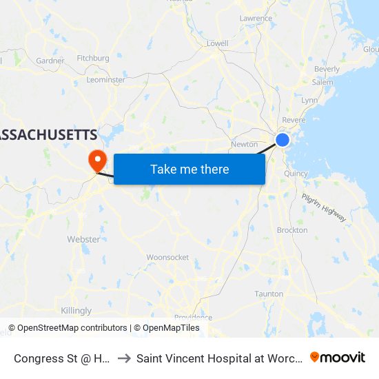 Congress St @ Haymarket Sta to Saint Vincent Hospital at Worcester Medical Center map