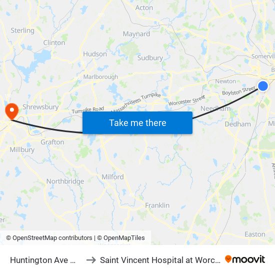 Huntington Ave @ Fenwood Rd to Saint Vincent Hospital at Worcester Medical Center map