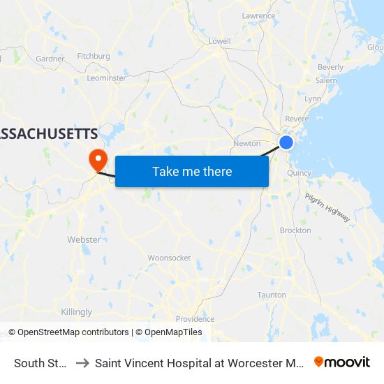 South Station to Saint Vincent Hospital at Worcester Medical Center map