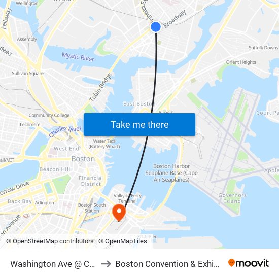 Washington Ave @ Chestnut St to Boston Convention & Exhibition Center map