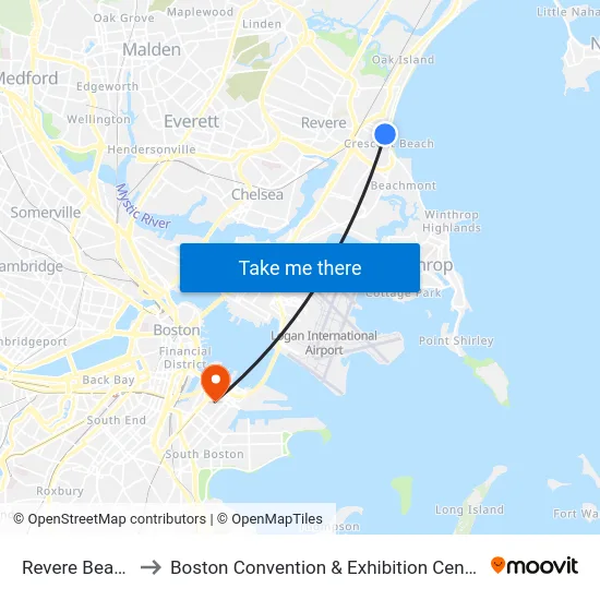Revere Beach to Boston Convention & Exhibition Center map