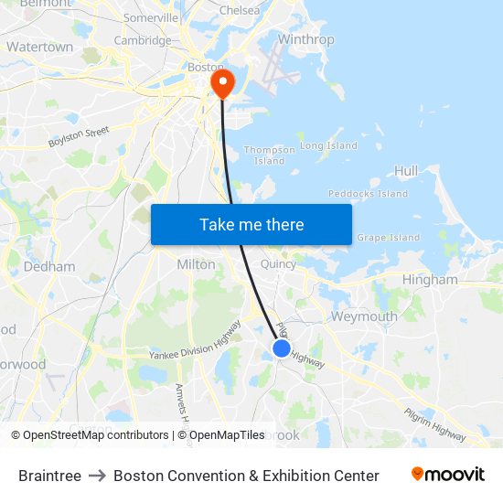 Braintree to Boston Convention & Exhibition Center map