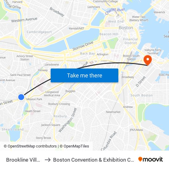 Brookline Village to Boston Convention & Exhibition Center map