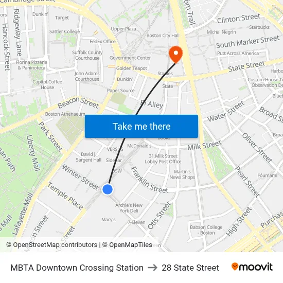 MBTA Downtown Crossing Station to 28 State Street map