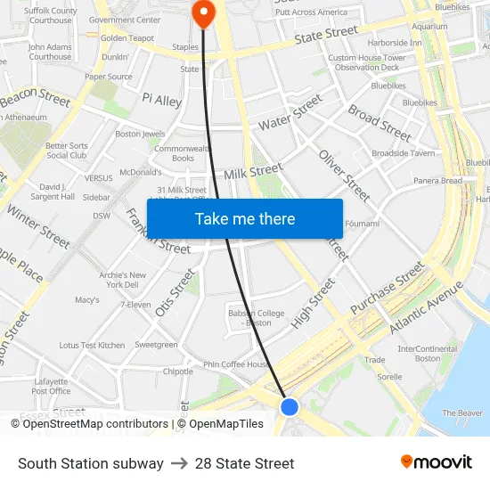 South Station subway to 28 State Street map