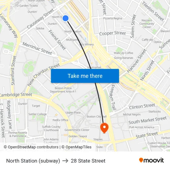 North Station (subway) to 28 State Street map