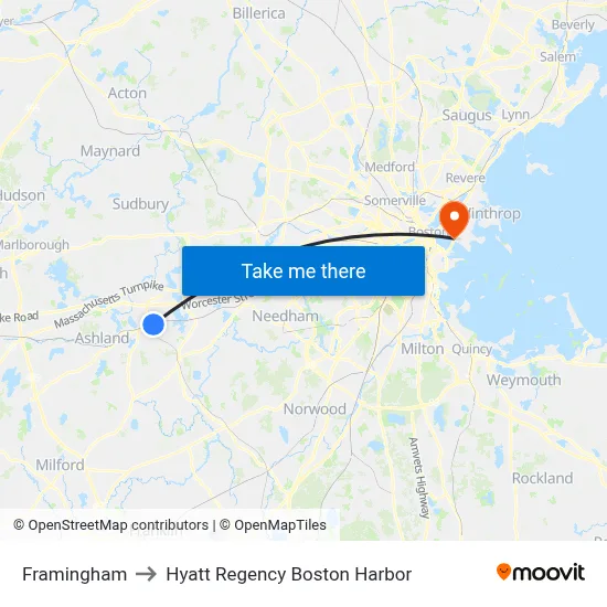 Framingham to Hyatt Regency Boston Harbor map