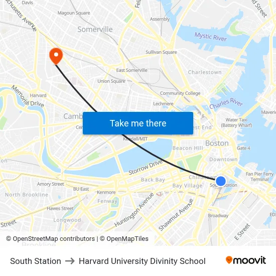 South Station to Harvard University Divinity School map